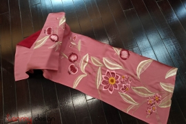 Pink silk scarf hand-embroidered with pomegranate branch